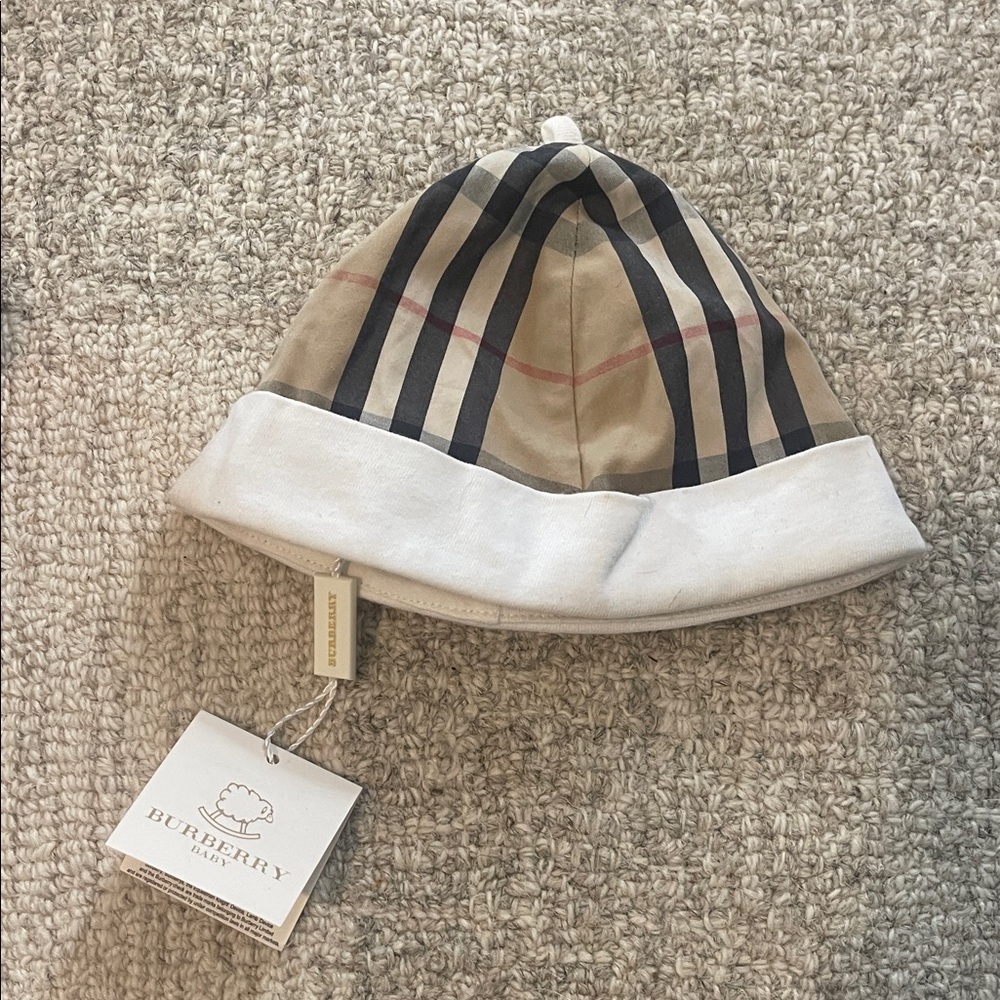 Burberry Kids Beige and White Striped Hat